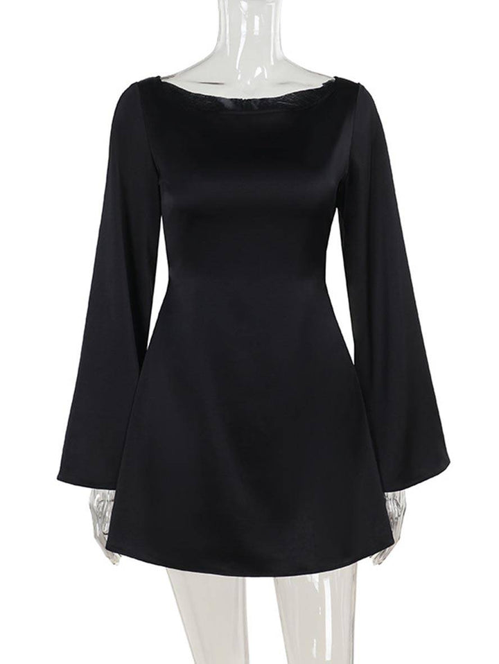 Levoire | Robe Trapèze Courte En Satin Avec Ceinture Encolure Ronde Manches Trompettes Manches Longues Élégante Décontractée Robe De Cocktail
