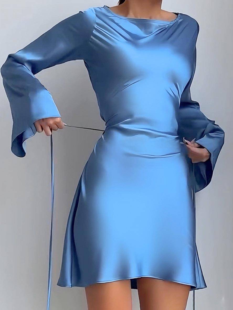 Levoire | Robe Trapèze Courte En Satin Avec Ceinture Encolure Ronde Manches Trompettes Manches Longues Élégante Décontractée Robe De Cocktail Bleu