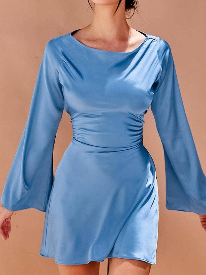 Levoire | Robe Trapèze Courte En Satin Avec Ceinture Encolure Ronde Manches Trompettes Manches Longues Élégante Décontractée Robe De Cocktail