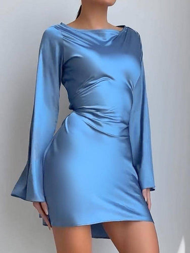 Levoire | Robe Trapèze Courte En Satin Avec Ceinture Encolure Ronde Manches Trompettes Manches Longues Élégante Décontractée Robe De Cocktail