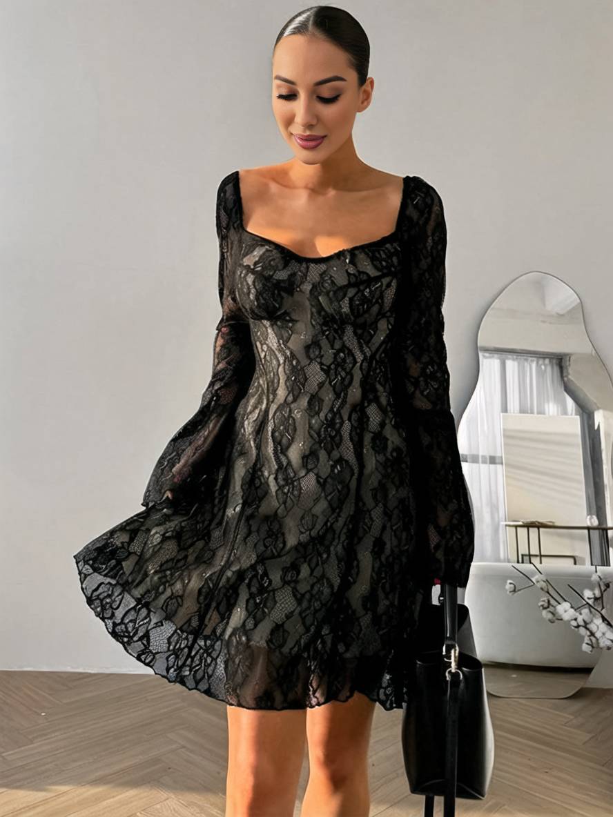 Levoire | Robe Courte En Dentelle À Décolleté Carré, Manches Évasées, Manches Longues, Robe De Cocktail Élégante Pour Femmes Noir