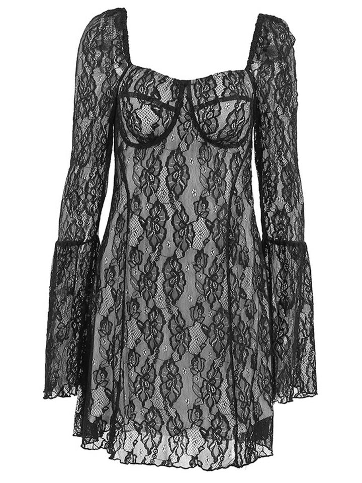 Levoire | Robe Courte En Dentelle À Décolleté Carré, Manches Évasées, Manches Longues, Robe De Cocktail Élégante Pour Femmes