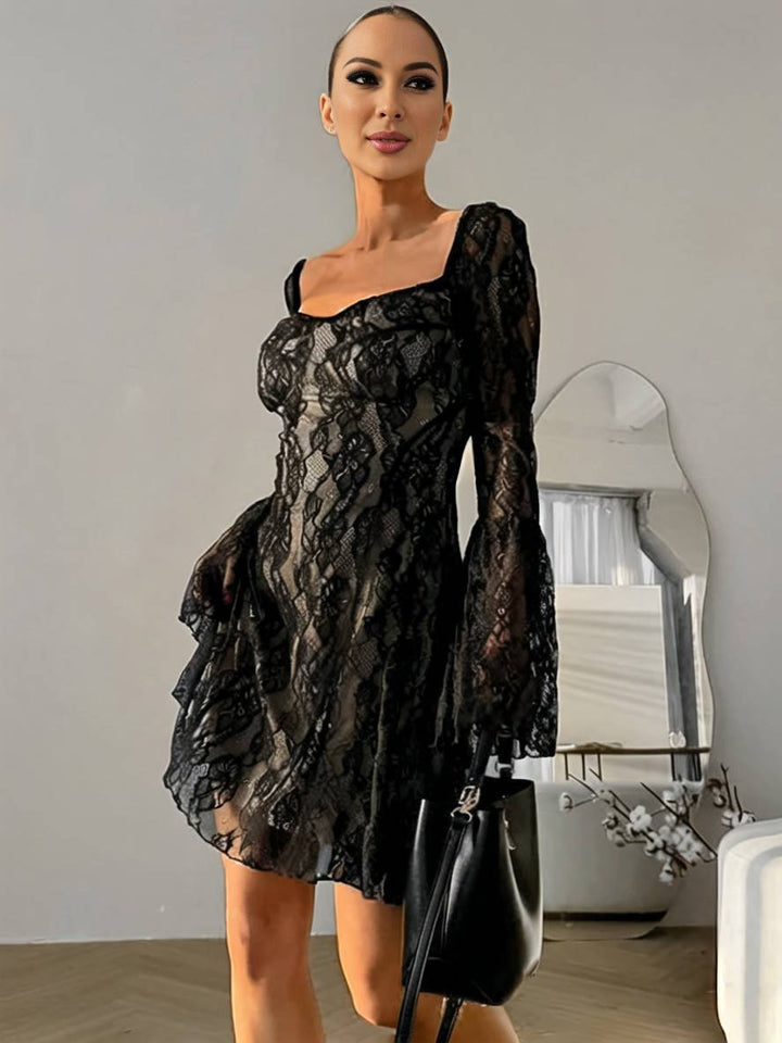 Levoire | Robe Courte En Dentelle À Décolleté Carré, Manches Évasées, Manches Longues, Robe De Cocktail Élégante Pour Femmes