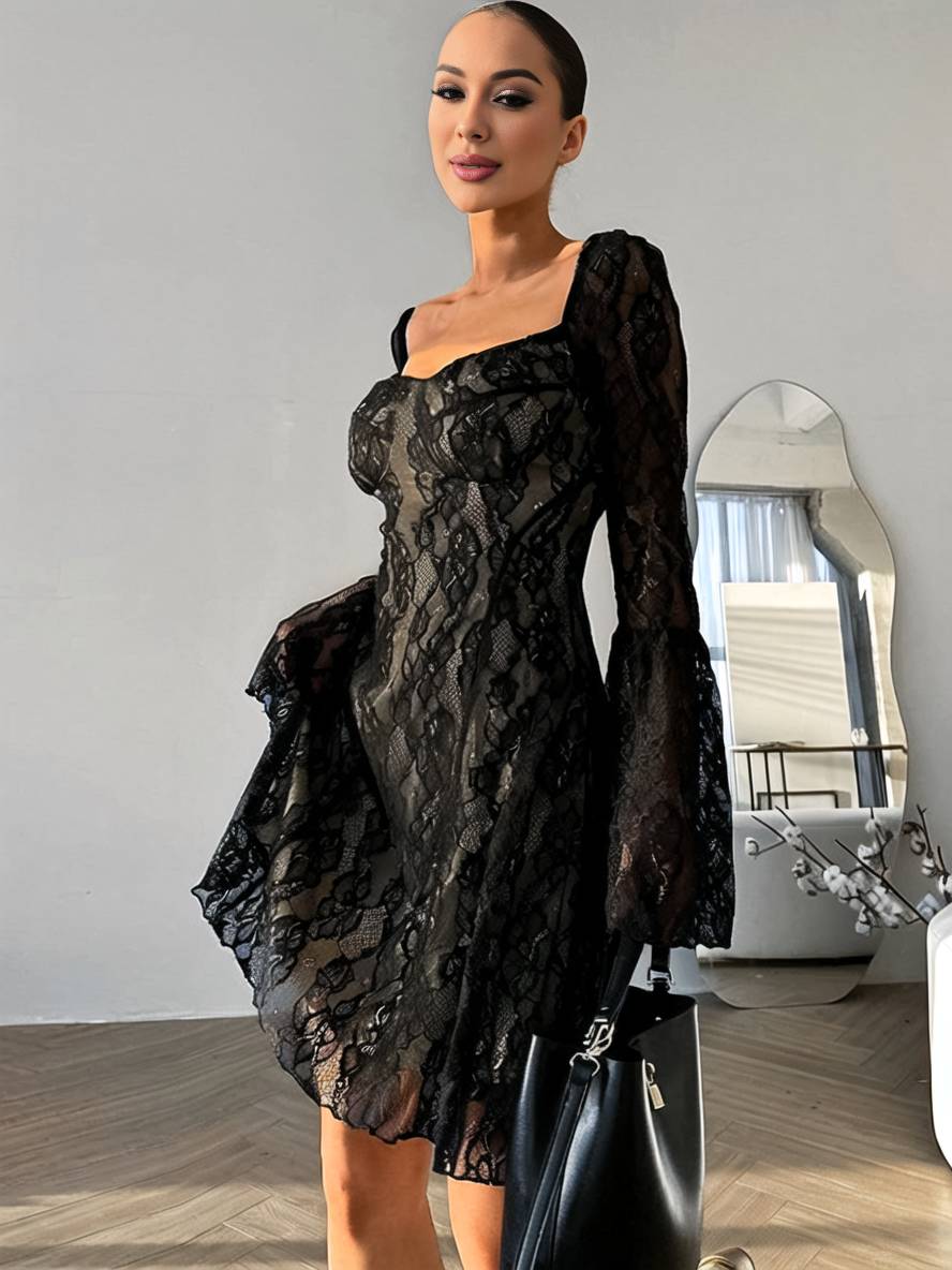 Levoire | Robe Courte En Dentelle À Décolleté Carré, Manches Évasées, Manches Longues, Robe De Cocktail Élégante Pour Femmes