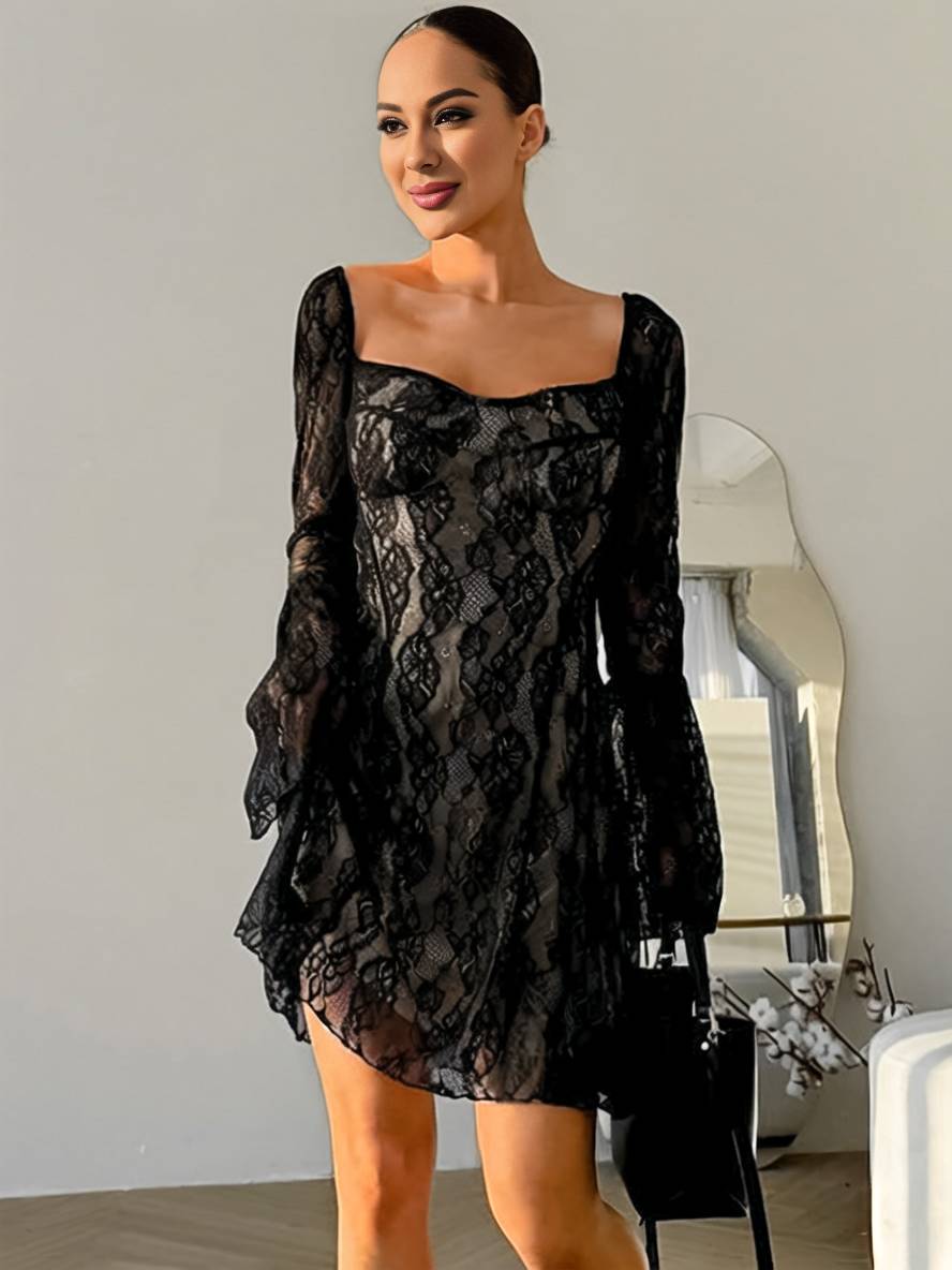 Levoire | Robe Courte En Dentelle À Décolleté Carré, Manches Évasées, Manches Longues, Robe De Cocktail Élégante Pour Femmes