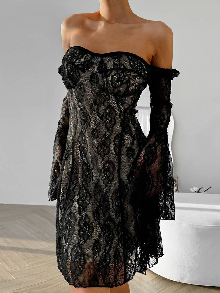Levoire | Robe Courte En Dentelle À Décolleté Carré, Manches Évasées, Manches Longues, Robe De Cocktail Élégante Pour Femmes