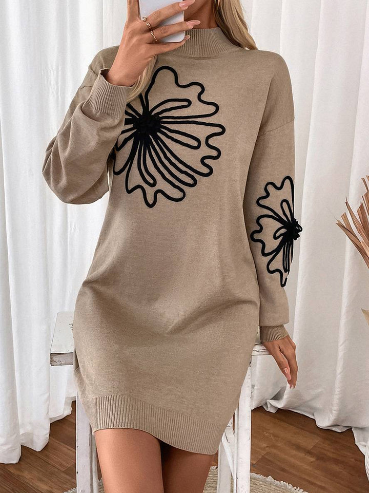 Levoire | Pull Robe Courte Motif Floral Col Montant Manches Longues Élégant Décontracté Mode Casual Khaki