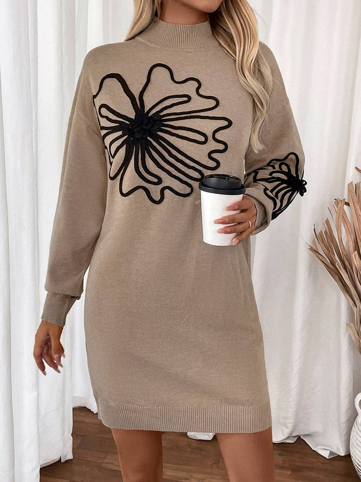 Levoire | Pull Robe Courte Motif Floral Col Montant Manches Longues Élégant Décontracté Mode Casual