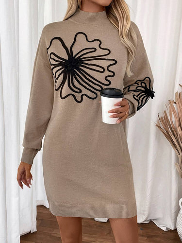 Levoire | Pull Robe Courte Motif Floral Col Montant Manches Longues Élégant Décontracté Mode Casual