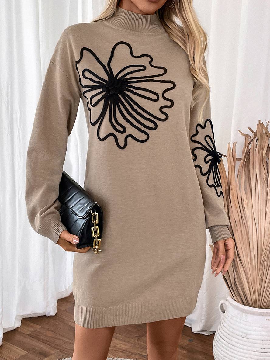 Levoire | Pull Robe Courte Motif Floral Col Montant Manches Longues Élégant Décontracté Mode Casual