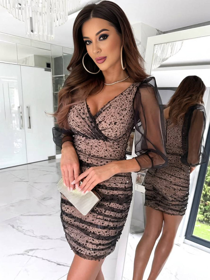 Levoire | Robe Courte Serrée Brillante À Paillettes Décolleté En V À Manches Longues En Tulle Élégante Robe De Cocktail Bal De Fin D'Année