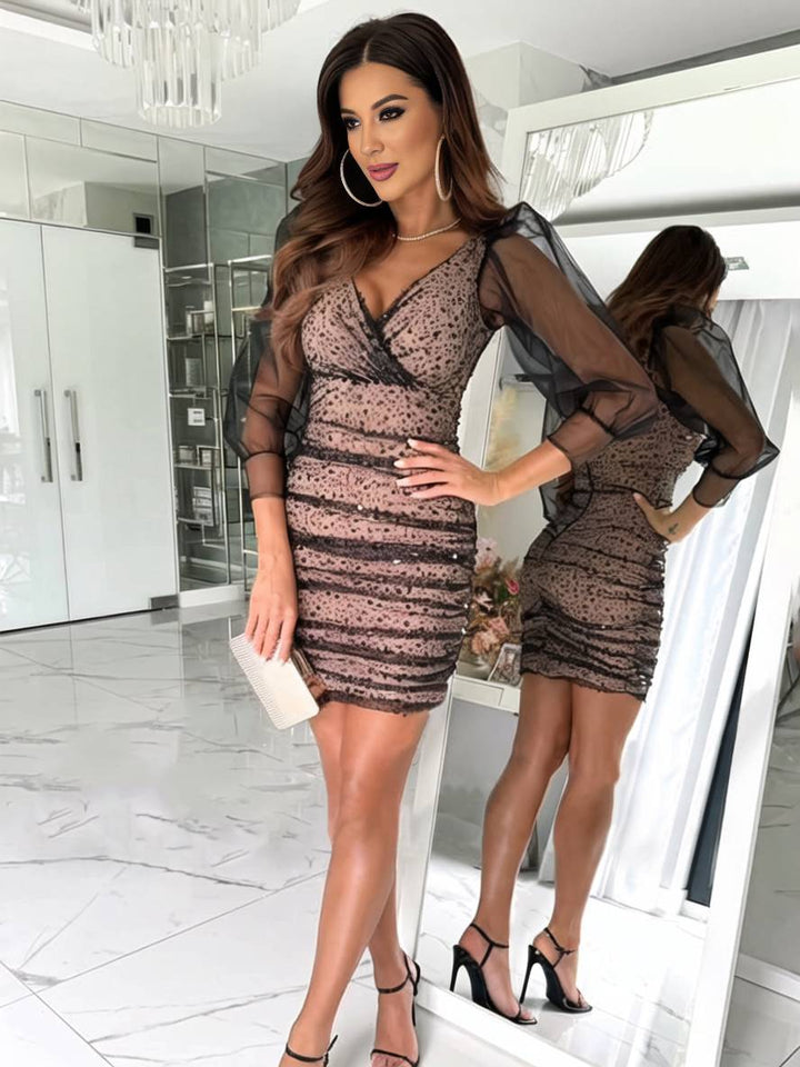 Levoire | Robe Courte Serrée Brillante À Paillettes Décolleté En V À Manches Longues En Tulle Élégante Robe De Cocktail Bal De Fin D'Année