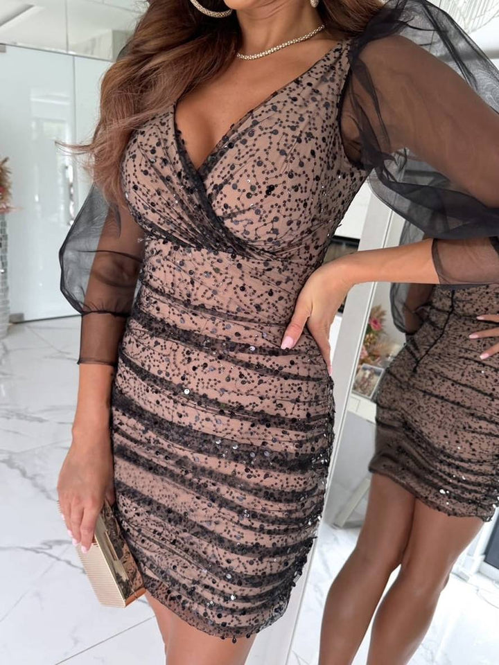 Levoire | Robe Courte Serrée Brillante À Paillettes Décolleté En V À Manches Longues En Tulle Élégante Robe De Cocktail Bal De Fin D'Année
