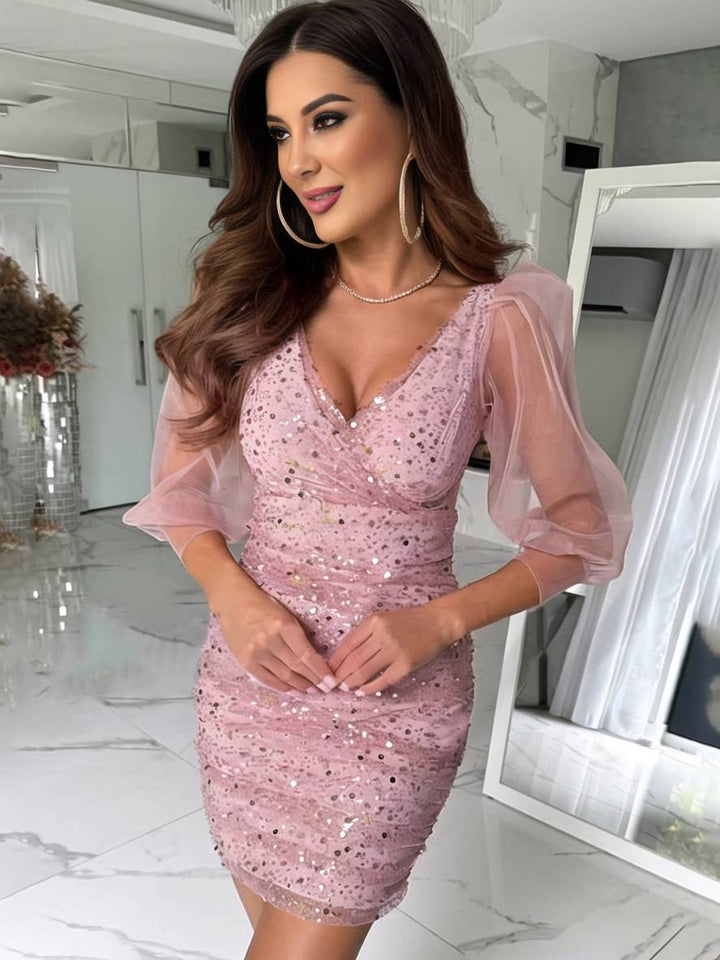 Levoire | Robe Courte Serrée Brillante À Paillettes Décolleté En V À Manches Longues En Tulle Élégante Robe De Cocktail Bal De Fin D'Année Rose