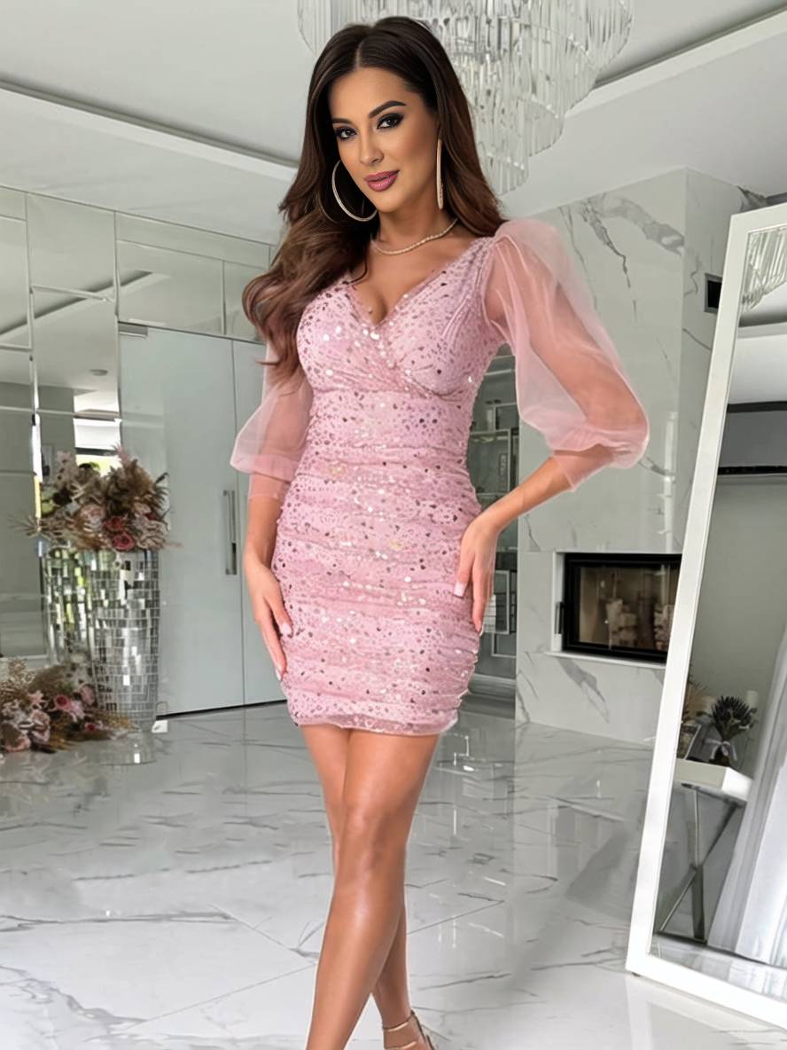 Levoire | Robe Courte Serrée Brillante À Paillettes Décolleté En V À Manches Longues En Tulle Élégante Robe De Cocktail Bal De Fin D'Année
