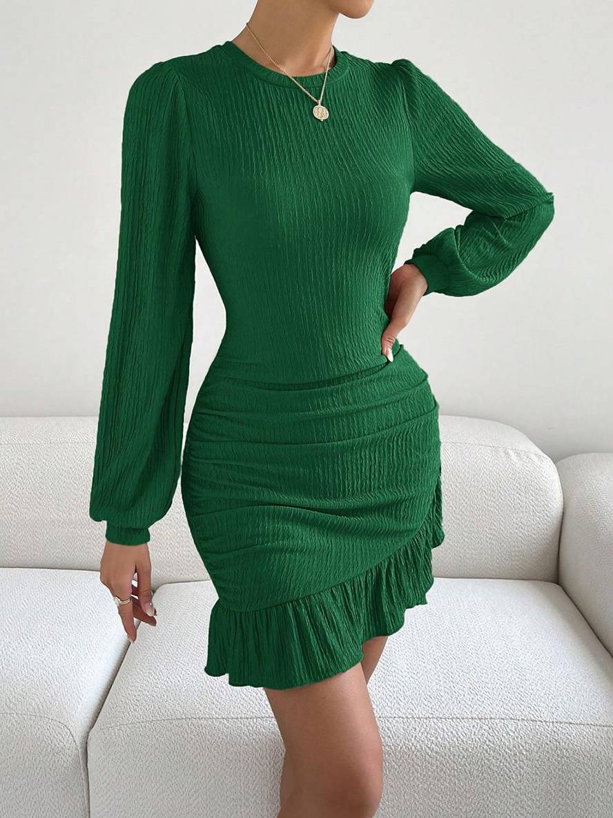 Levoire | Robe Courte Ajustée Avec Volants Col Rond Femme Élégante Décontractée Bal Cérémoniel Vert