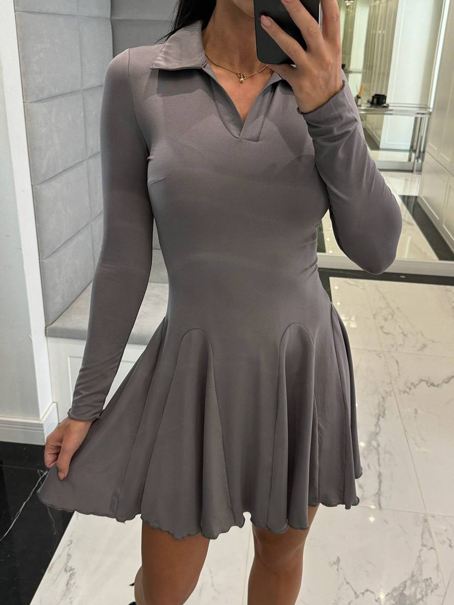 Levoire | Robes Courtes Ajustées Avec Volants Polo Manches Longues Femmes Mode Élégante Gris