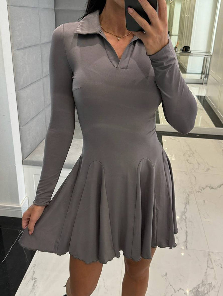 Levoire | Robes Courtes Ajustées Avec Volants Polo Manches Longues Femmes Mode Élégante Gris
