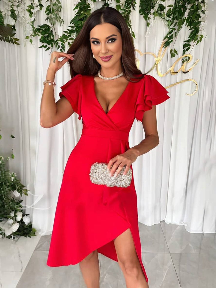 Levoire | Robe À Encolure V Courte Asymétrique Avec Manches Courtes Superposées Volants Mode Élégante Invité De Mariage