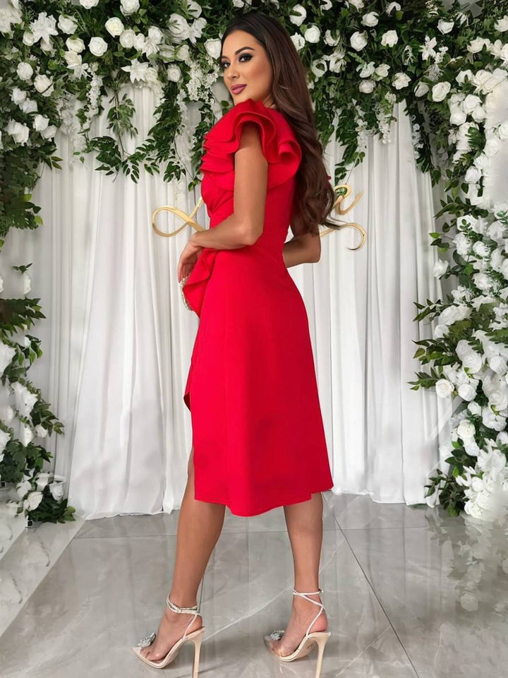 Levoire | Robe À Encolure V Courte Asymétrique Avec Manches Courtes Superposées Volants Mode Élégante Invité De Mariage