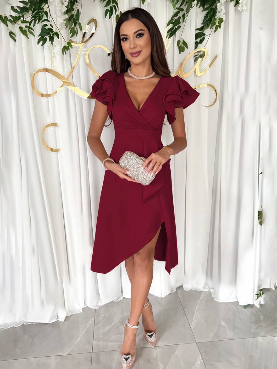 Levoire | Robe À Encolure V Courte Asymétrique Avec Manches Courtes Superposées Volants Mode Élégante Invité De Mariage