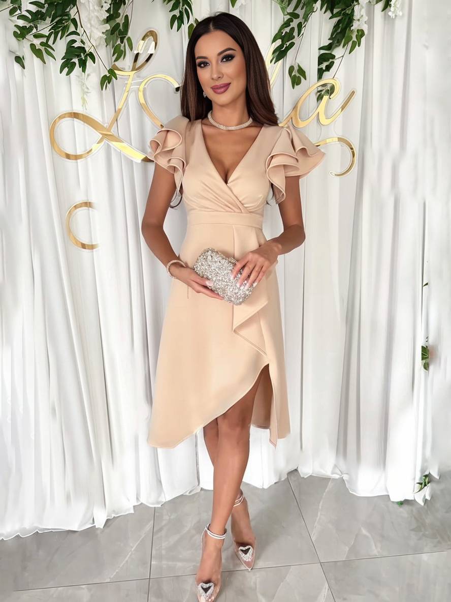 Levoire | Robe À Encolure V Courte Asymétrique Avec Manches Courtes Superposées Volants Mode Élégante Invité De Mariage