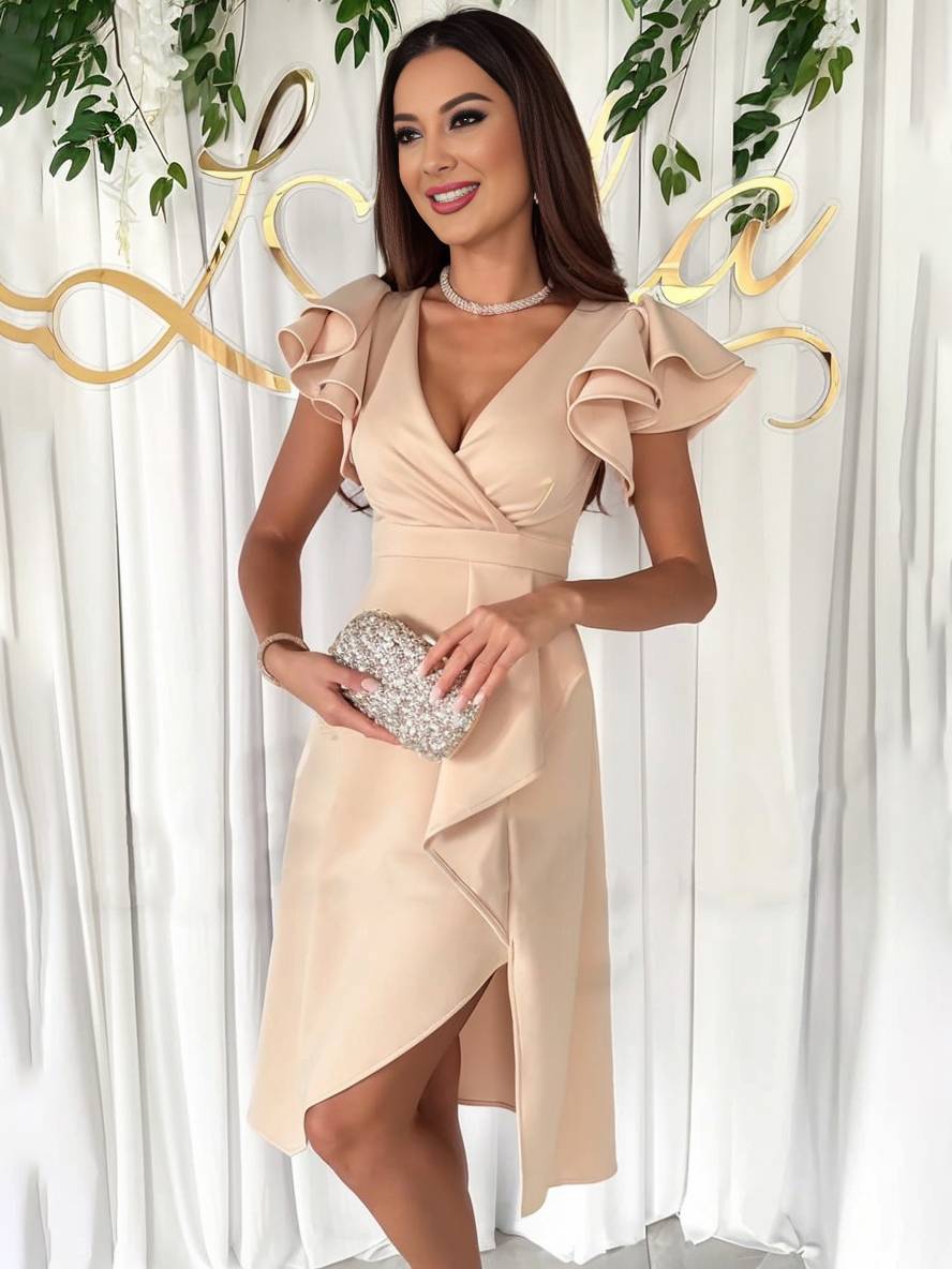Levoire | Robe À Encolure V Courte Asymétrique Avec Manches Courtes Superposées Volants Mode Élégante Invité De Mariage Khaki
