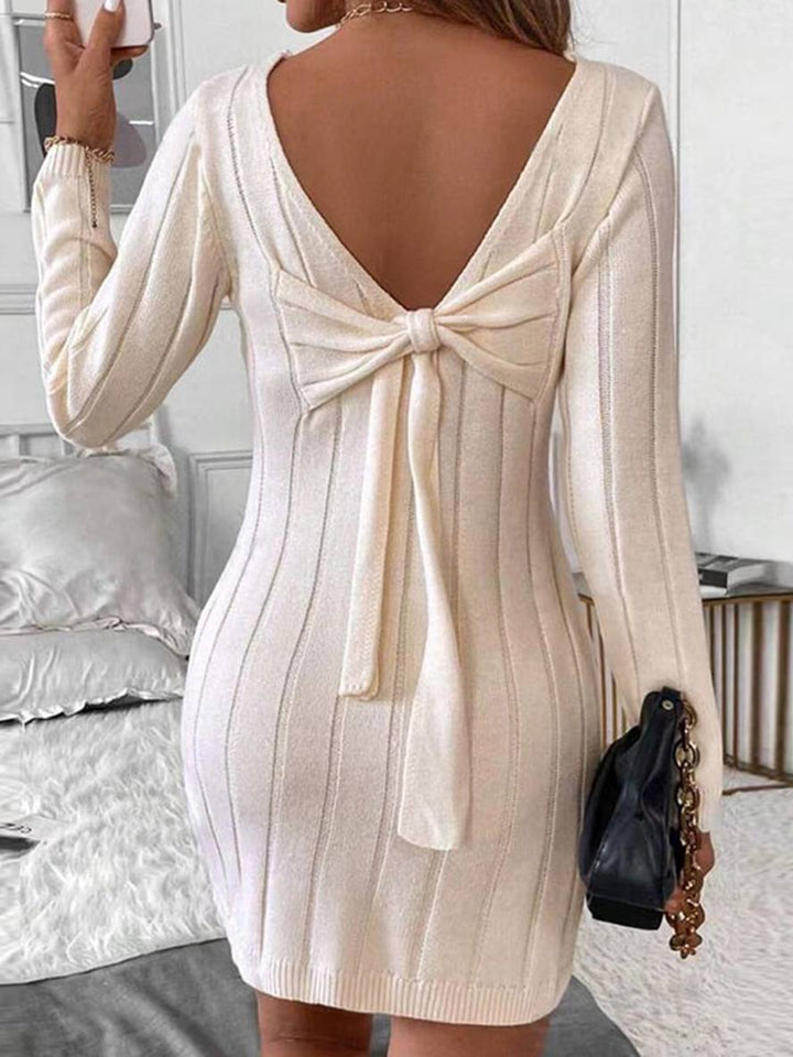 Levoire | Robe Pull Courte Unie Nœud Dos Nu Col Rond Manches Longues Décontracté Bal De Fin D'Année