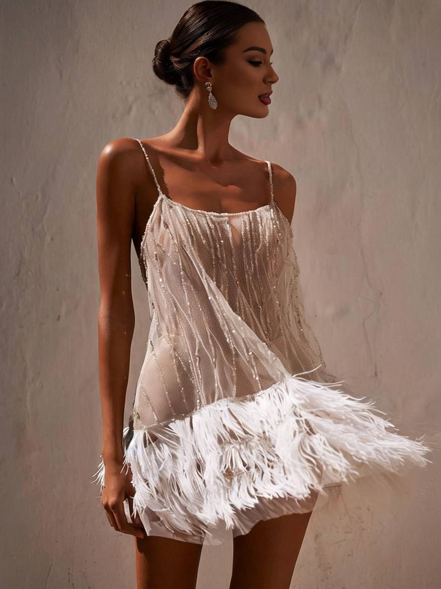 Levoire | Robe Courte En Tulle Avec Franges, Dos Nu, Avec De Fines Bretelles, Sans Manches, Robe De Cocktail Élégante Pour Femmes Blanc