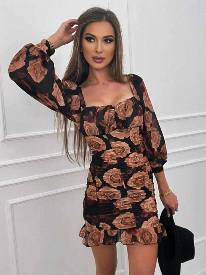 Levoire | Robe Courte Près Du Corps Avec Fleurs Décolleté Carré Manches Longues Femme Élégant Décontracté Cocktail Braun