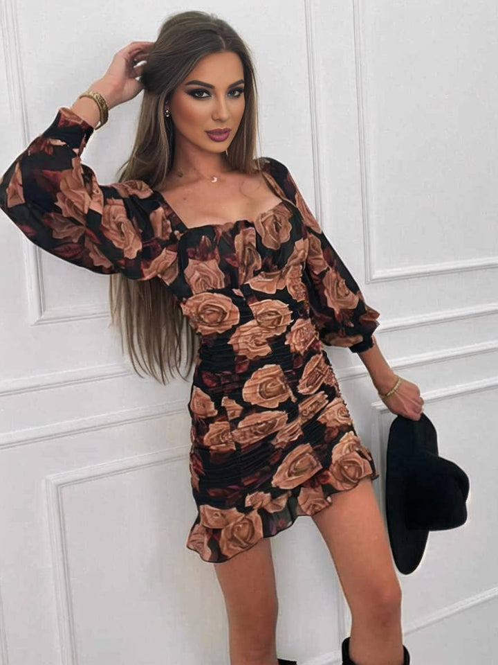 Levoire | Robe Courte Près Du Corps Avec Fleurs Décolleté Carré Manches Longues Femme Élégant Décontracté Cocktail
