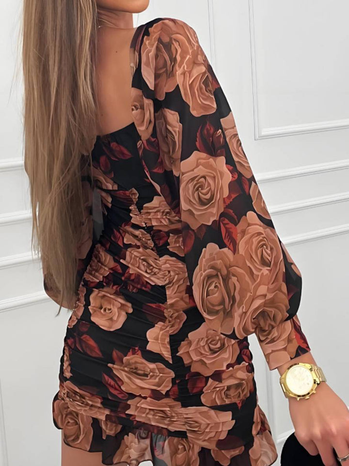 Levoire | Robe Courte Près Du Corps Avec Fleurs Décolleté Carré Manches Longues Femme Élégant Décontracté Cocktail