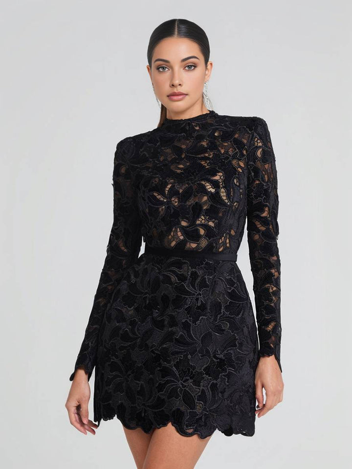Levoire | Petite Robe En A En Dentelle Avec Broderie Anglaise, Col Rond, Manches Longues, Élégante Robe De Soirée Cocktail Pour Femmes Noir