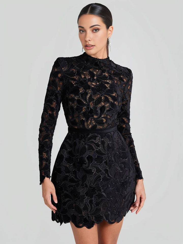 Levoire | Petite Robe En A En Dentelle Avec Broderie Anglaise, Col Rond, Manches Longues, Élégante Robe De Soirée Cocktail Pour Femmes