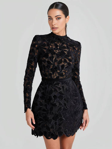 Levoire | Petite Robe En A En Dentelle Avec Broderie Anglaise, Col Rond, Manches Longues, Élégante Robe De Soirée Cocktail Pour Femmes
