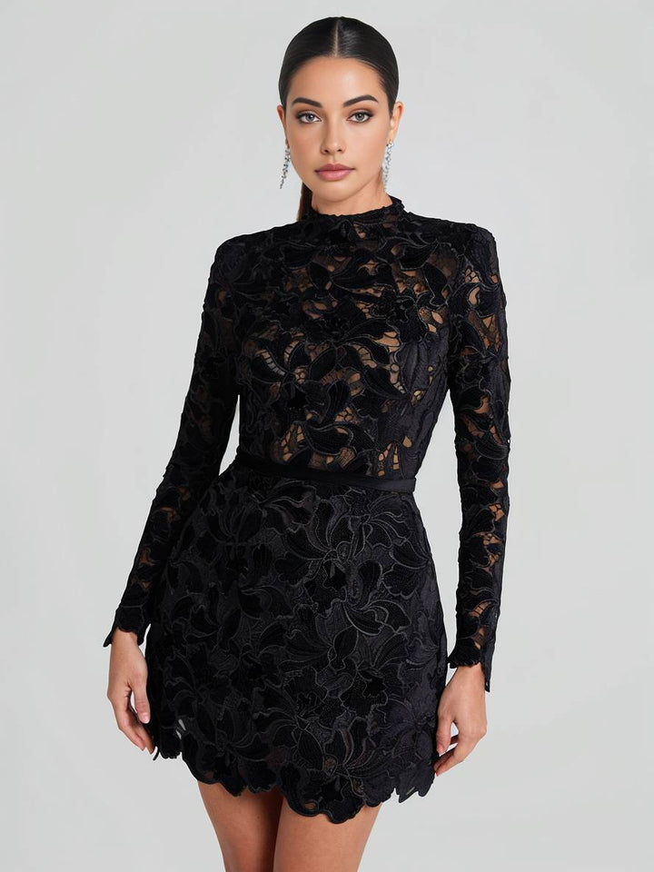 Levoire | Petite Robe En A En Dentelle Avec Broderie Anglaise, Col Rond, Manches Longues, Élégante Robe De Soirée Cocktail Pour Femmes