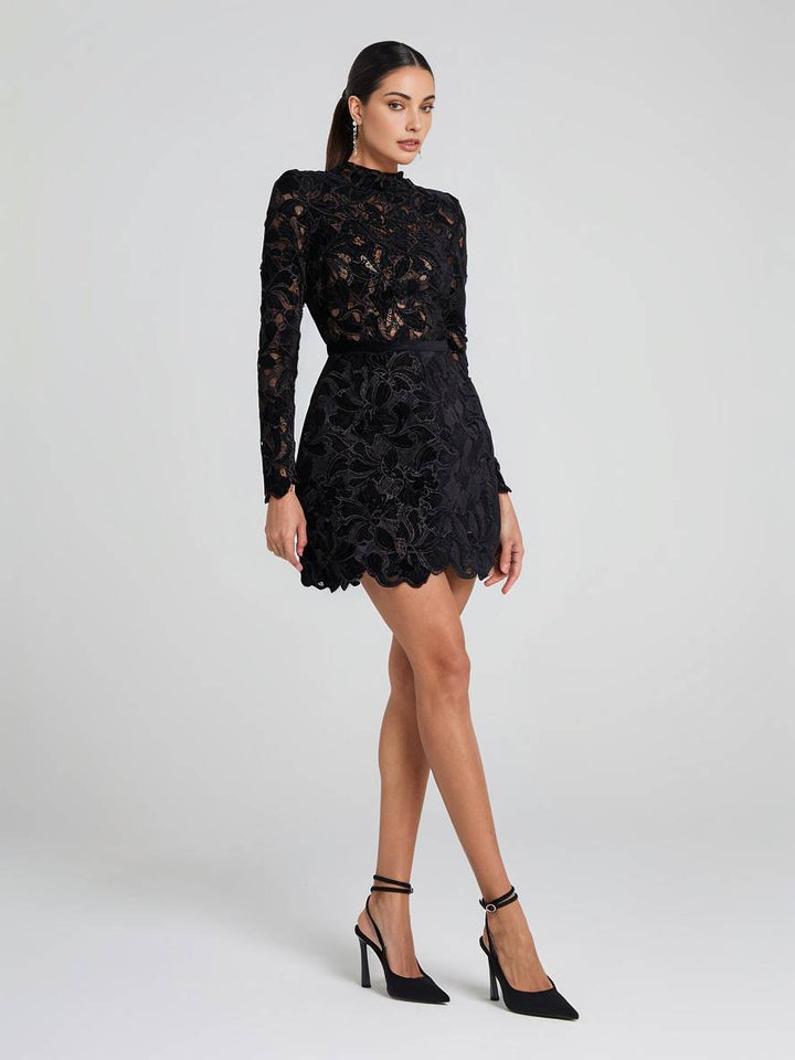Levoire | Petite Robe En A En Dentelle Avec Broderie Anglaise, Col Rond, Manches Longues, Élégante Robe De Soirée Cocktail Pour Femmes