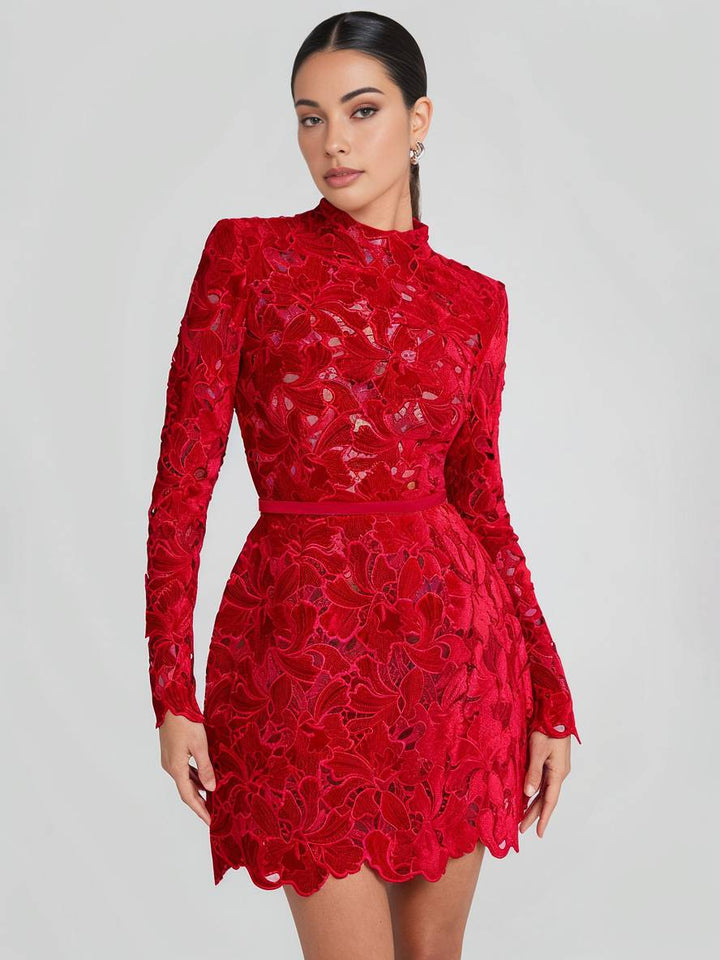 Levoire | Petite Robe En A En Dentelle Avec Broderie Anglaise, Col Rond, Manches Longues, Élégante Robe De Soirée Cocktail Pour Femmes Rot