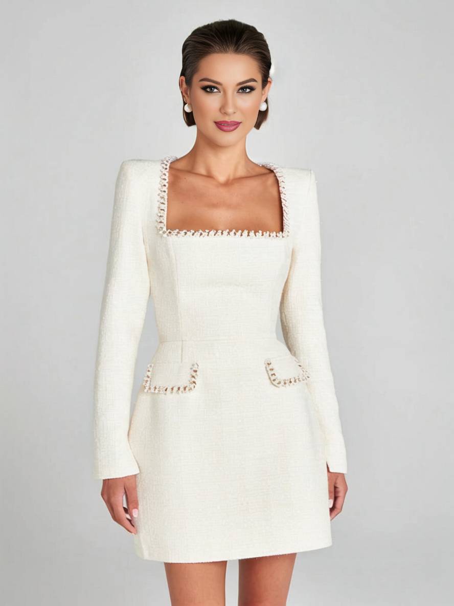 Levoire | Robe Tweed Courte Avec Poches Fente Manches Longues Femme Vintage Élégante Pour Festivités