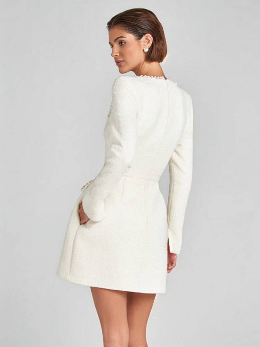 Levoire | Robe Tweed Courte Avec Poches Fente Manches Longues Femme Vintage Élégante Pour Festivités