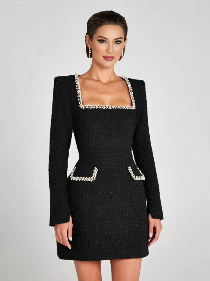 Levoire | Robe Tweed Courte Avec Poches Fente Manches Longues Femme Vintage Élégante Pour Festivités Noir