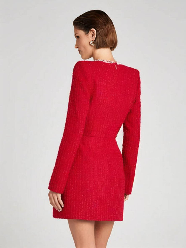 Levoire | Robe Tweed Courte Avec Poches Fente Manches Longues Femme Vintage Élégante Pour Festivités