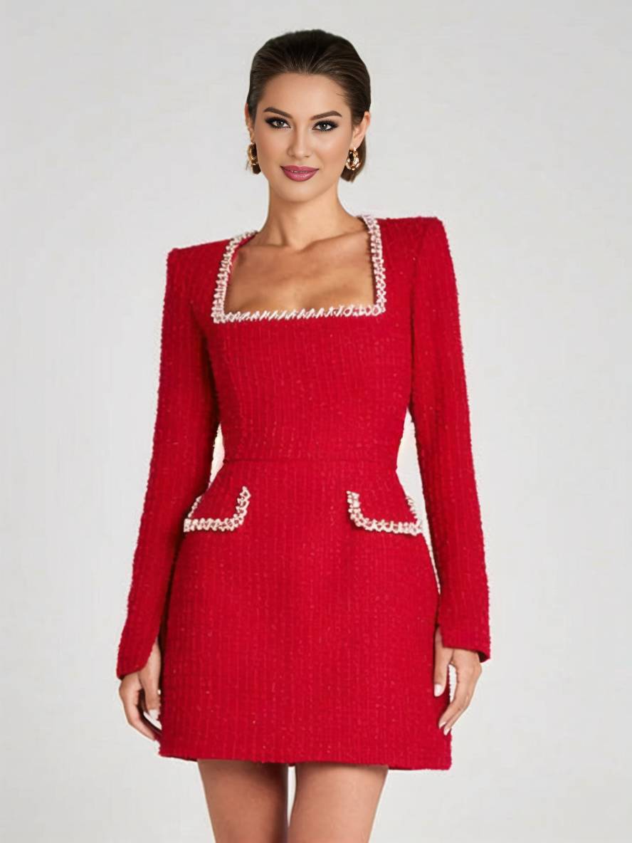 Levoire | Robe Tweed Courte Avec Poches Fente Manches Longues Femme Vintage Élégante Pour Festivités
