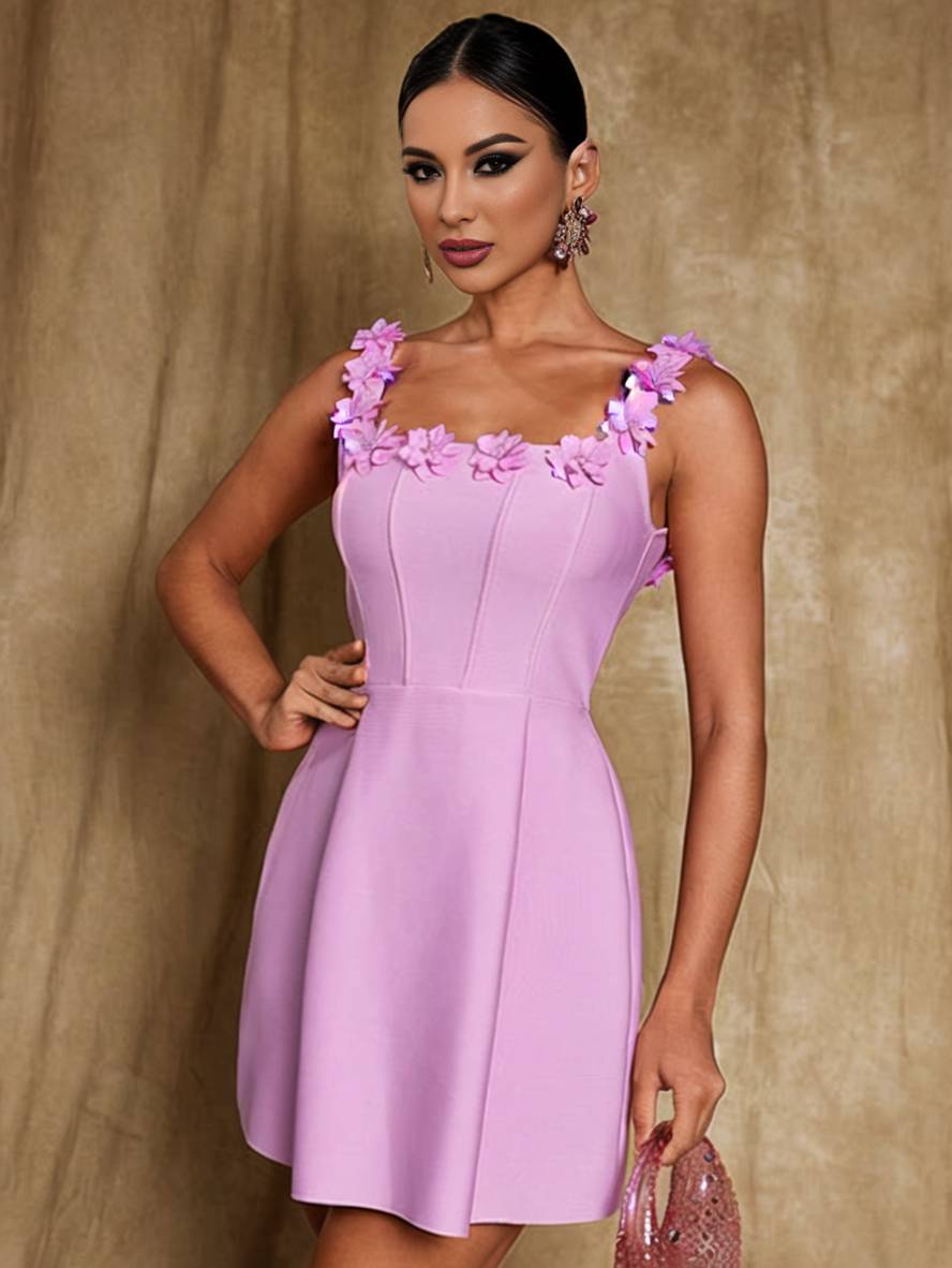 Levoire | Robe A-Ligne Avec Applications Florales Et Fines Bretelles, Décolleté Carré, Sans Manches, Élégante, Robe De Bal Et De Cocktail