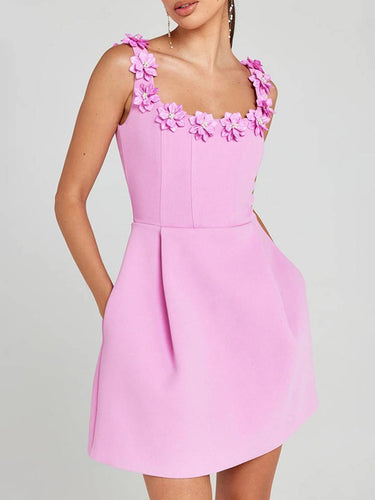 Levoire | Robe A-Ligne Avec Applications Florales Et Fines Bretelles, Décolleté Carré, Sans Manches, Élégante, Robe De Bal Et De Cocktail