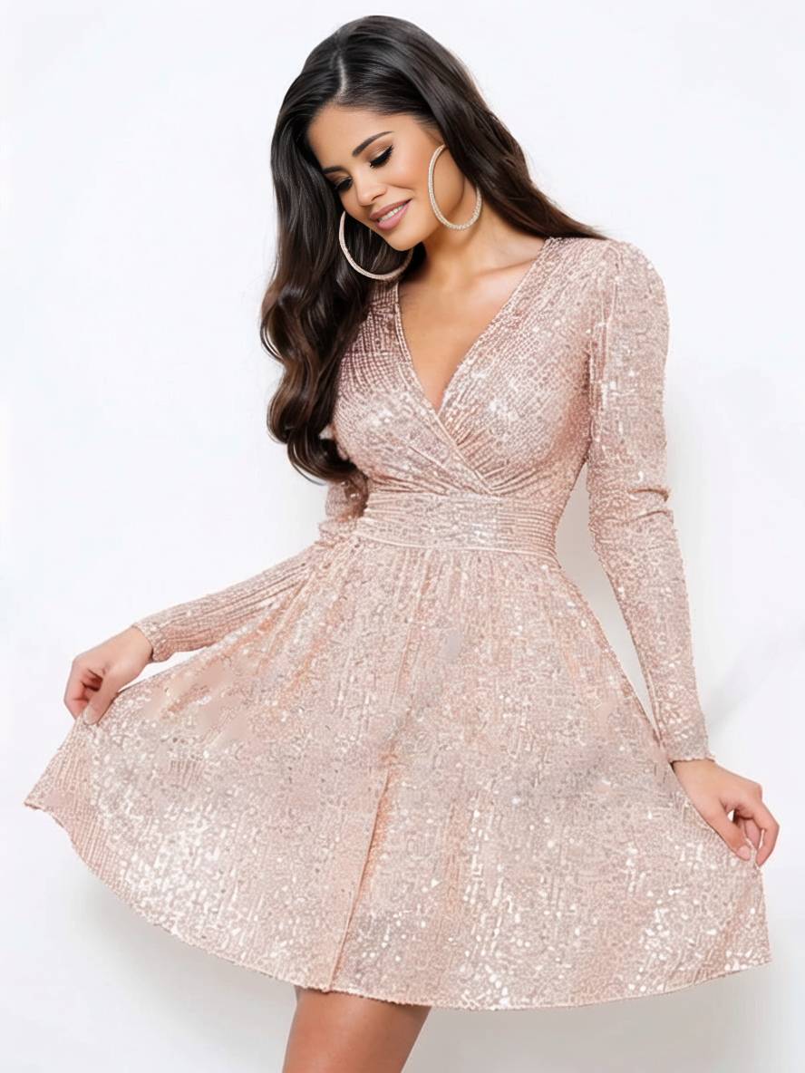 Levoire | Robe Courte Trapèze Brillante Paillettes Décolleté En V Manches Longues Femmes Élégante Soirée Cocktail Rosa
