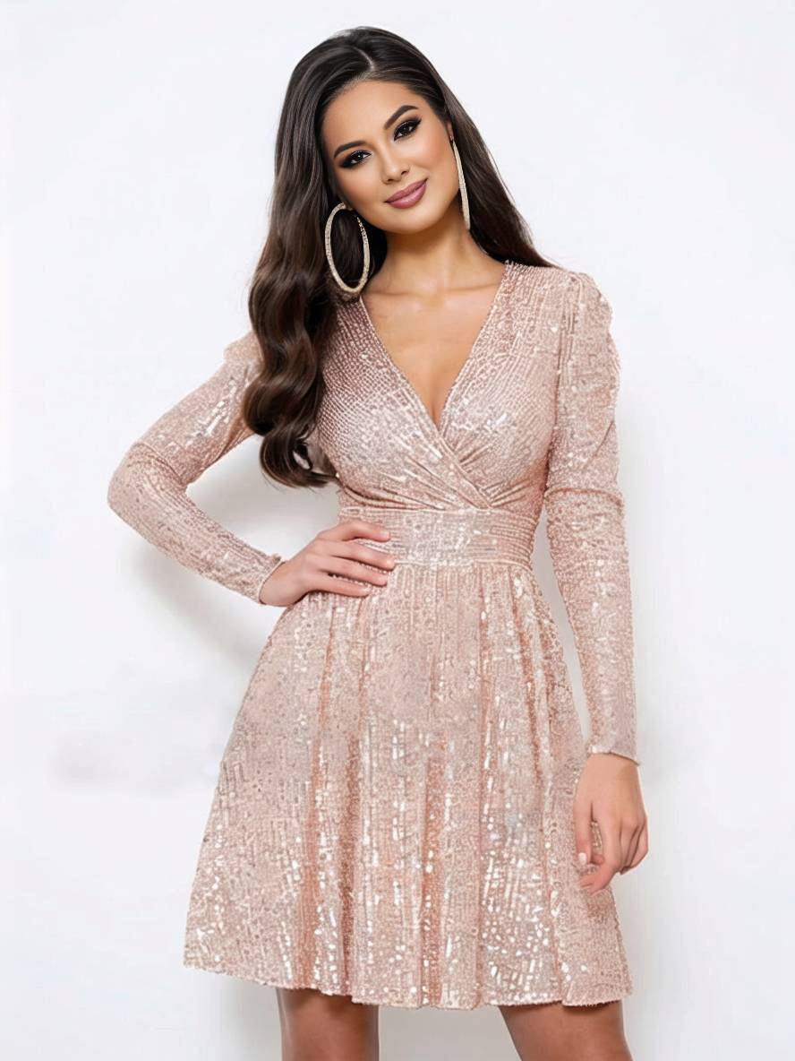 Levoire | Robe Courte Trapèze Brillante Paillettes Décolleté En V Manches Longues Femmes Élégante Soirée Cocktail