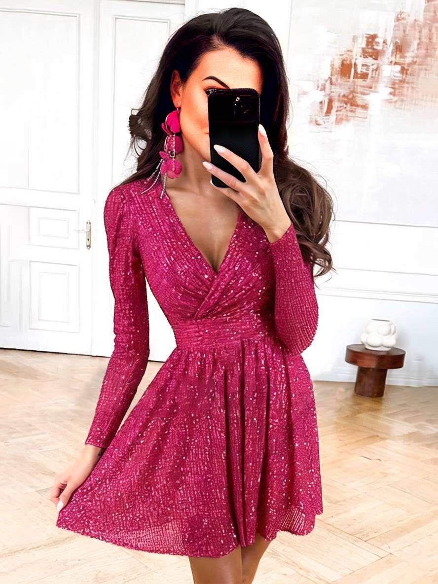 Levoire | Robe Courte Trapèze Brillante Paillettes Décolleté En V Manches Longues Femmes Élégante Soirée Cocktail Framboise