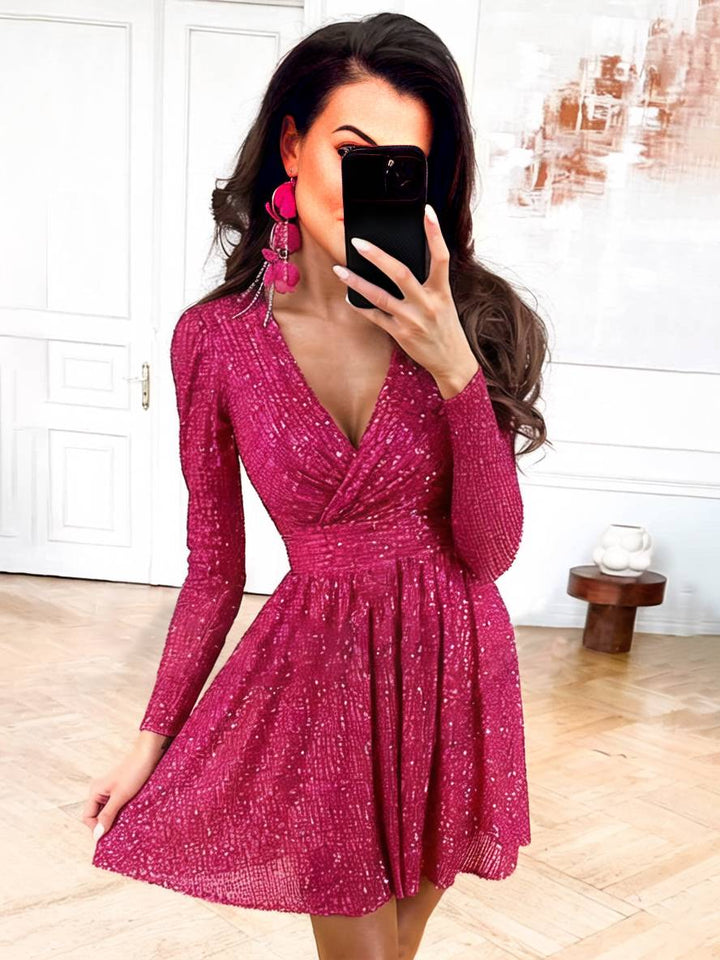 Levoire | Robe Courte Trapèze Brillante Paillettes Décolleté En V Manches Longues Femmes Élégante Soirée Cocktail Framboise