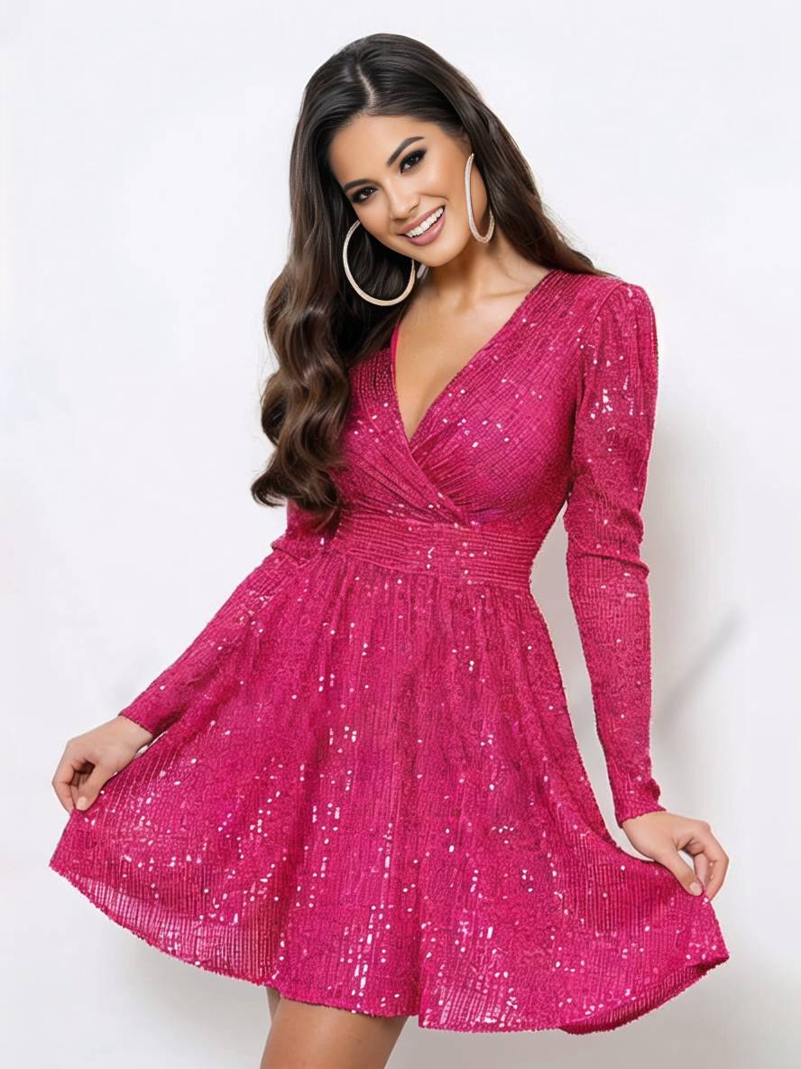 Levoire | Robe Courte Trapèze Brillante Paillettes Décolleté En V Manches Longues Femmes Élégante Soirée Cocktail